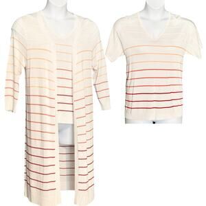 SPANNER Long Cardigan & Sweater Set Medium 2pc Viscose Ivory Orange Striped NWT